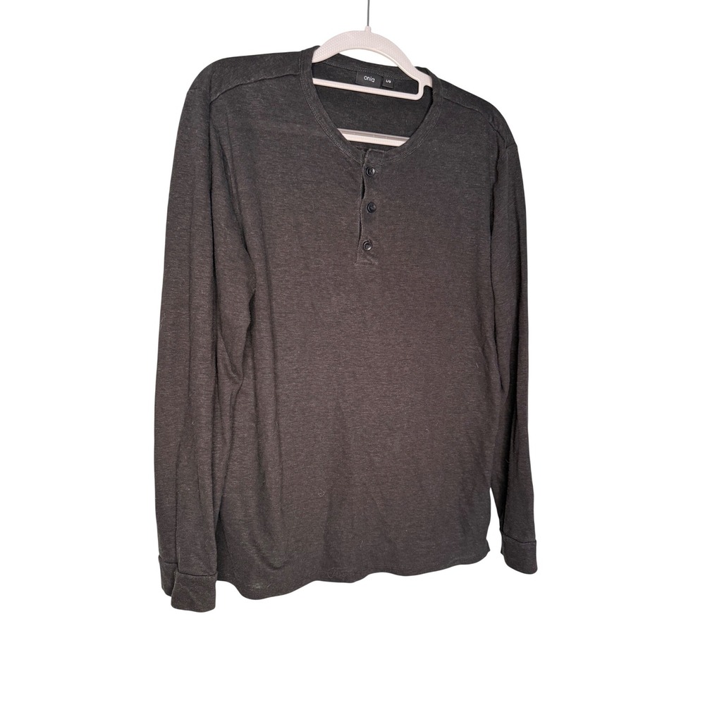 Onia long‎ sleeve Henley in dark grey linen blend long sleeve shirt